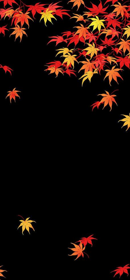 Branches with red and yellow leaves in October. Autumn branches of Japanese maple on a black background. Vertical composition in a flat style. Vector. vector