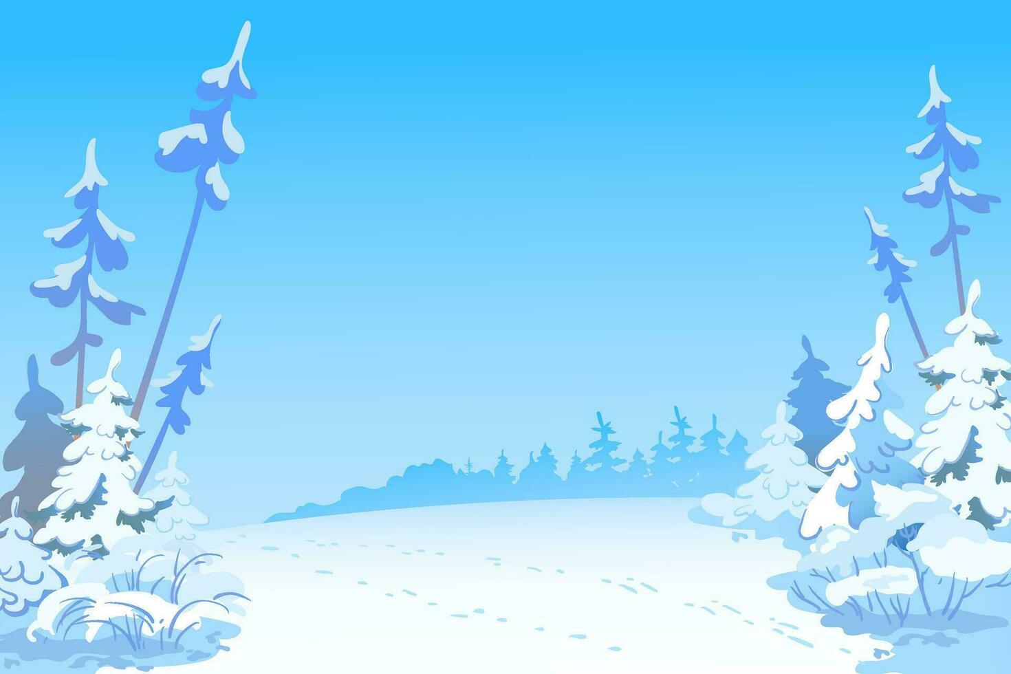 Winter scene with snow. Snow-covered trees on the background of the forest. Snowdrifts sparkling in the cold and frozen fir trees. Christmas scene. Vector illustration.