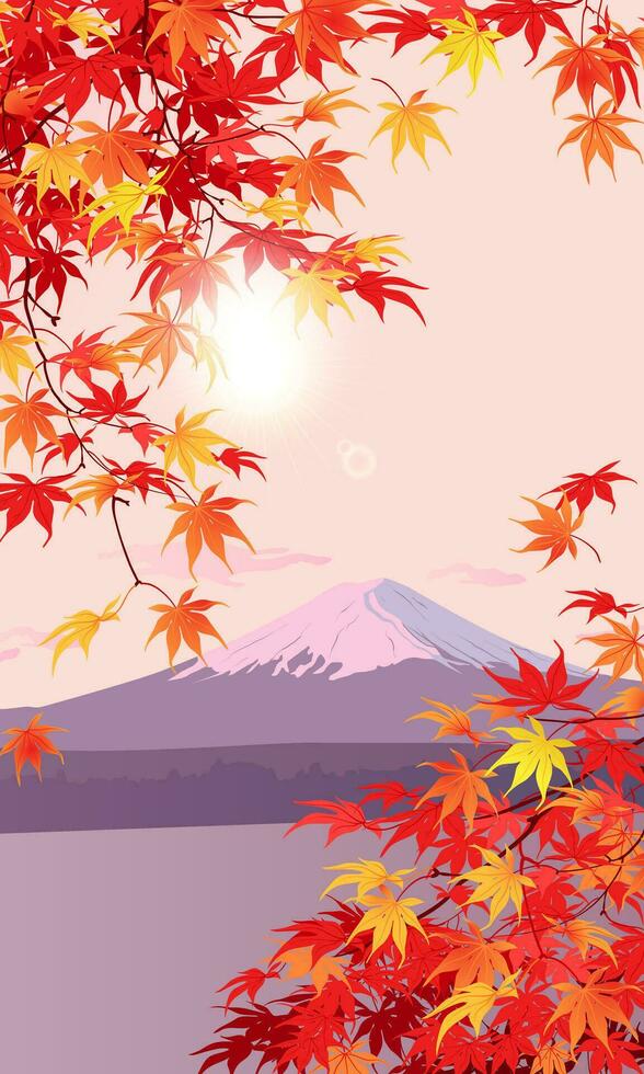 Yellow and orange maple leaves on the background of Mount Fuji. Autumn branches hang down from above. Vector vertical format.