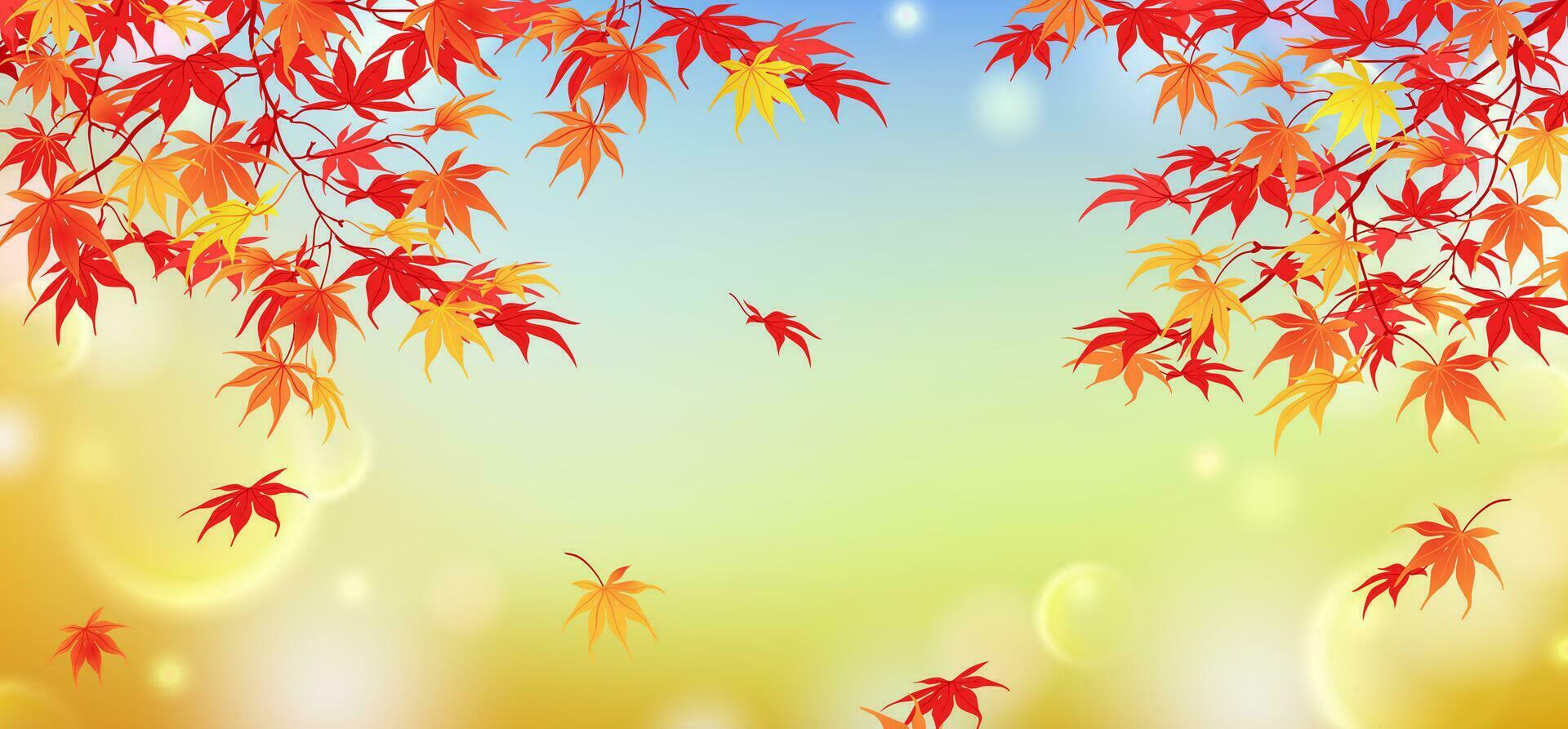 Autumn leaves on a blurry background - bokeh effect. Japanese maple in October. Horizontal composition with red and yellow branches. Vector. Flat style. vector
