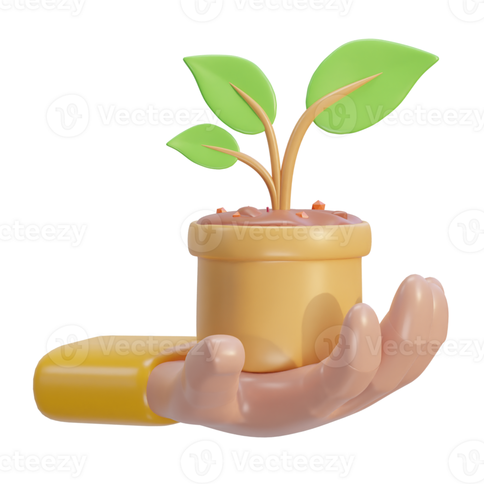 3d hand on fertilizer bag with soil and tree icon png
