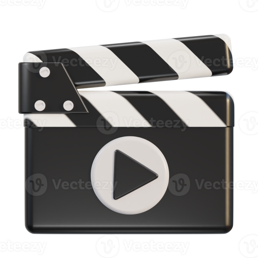 3d clapperboard with play button on video icon in illustration 3d rendering png