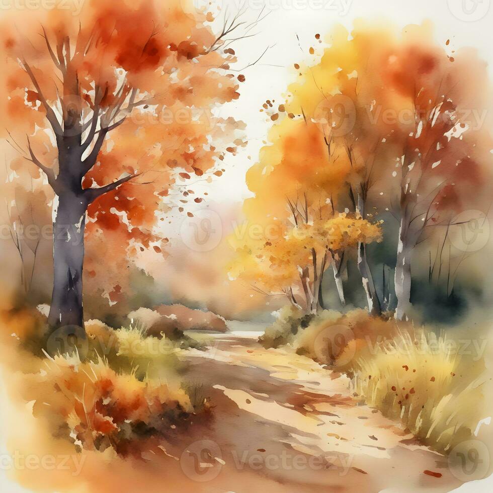 Autumn landscape painted with watercolor paints photo