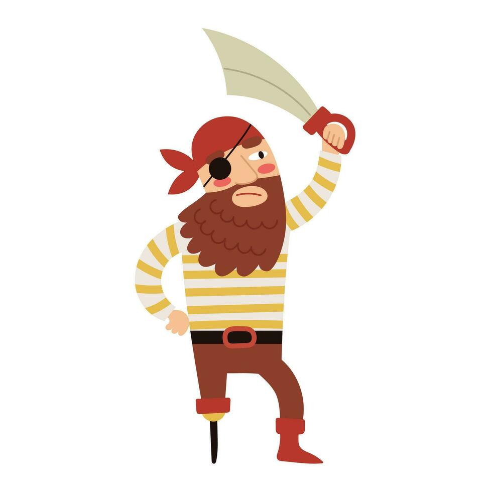 An evil one-eyed bearded pirate with a prosthesis instead of a leg holds a sword in his hands. Hand drawn cartoon vector illustration isolated on white background