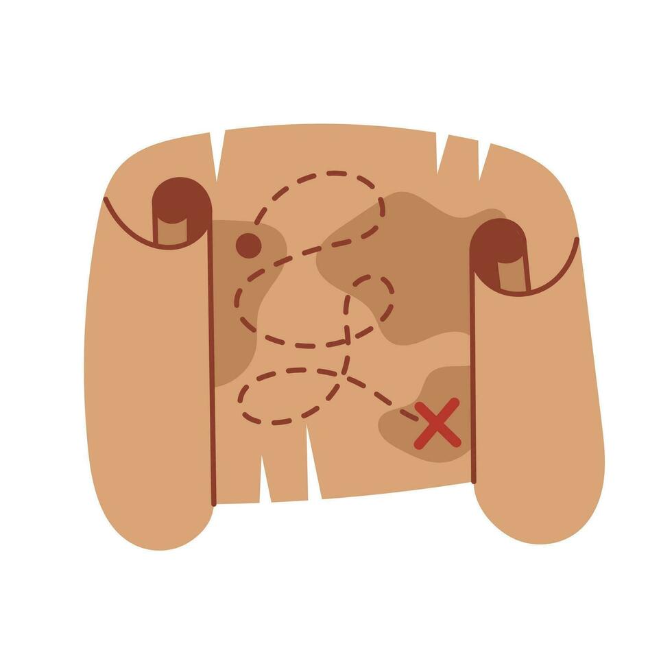 Pirate rolled up vintage treasure map. Aged brown paper, bundle. Hand drawn cartoon vector illustration isolated on white background