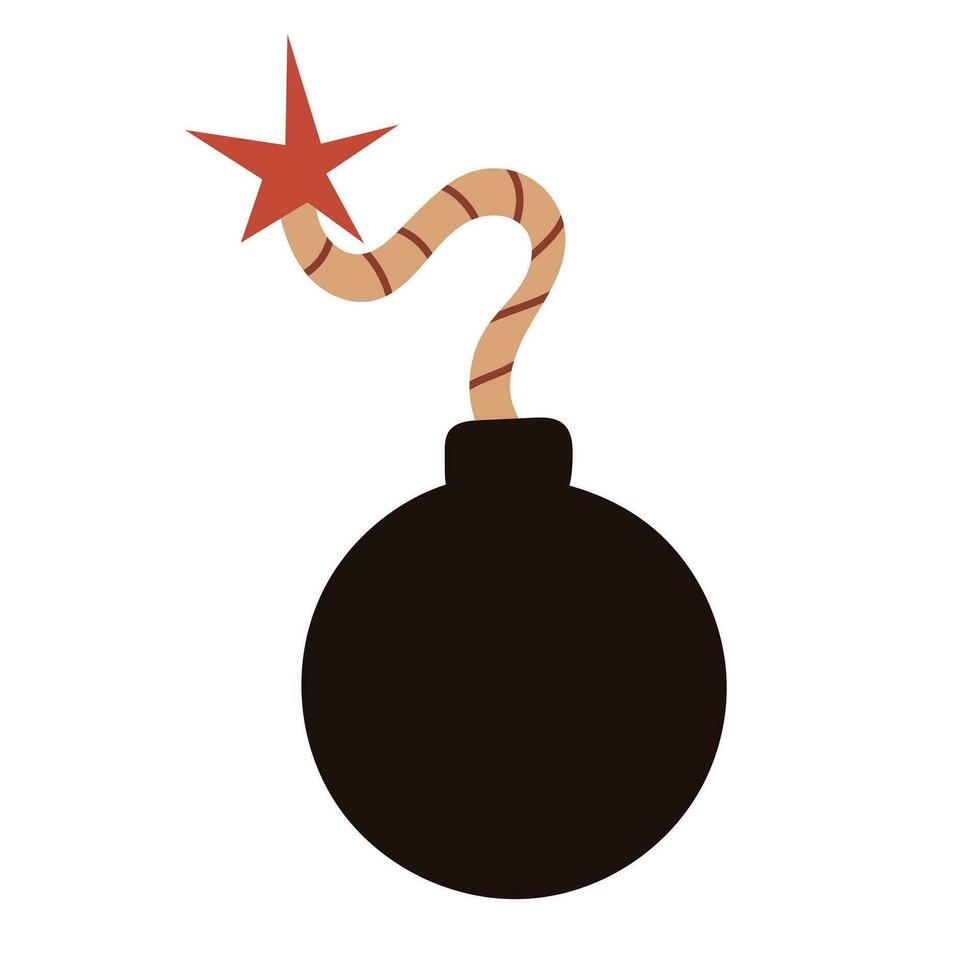 Black bomb with a burning fuse. Explosion. Hand drawn cartoon vector illustration isolated on white background