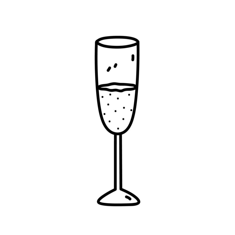 A glass of champagne isolated on white background. Alcoholic beverage. Vector hand-drawn illustration in doodle style. Perfect for cards, menu, decorations, logo, various designs.