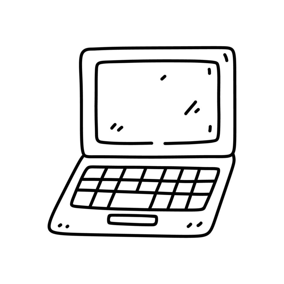 ordenador portátil aislado en blanco antecedentes. vector dibujado a mano ilustración en garabatear estilo. Perfecto para logo, decoraciones, varios diseños