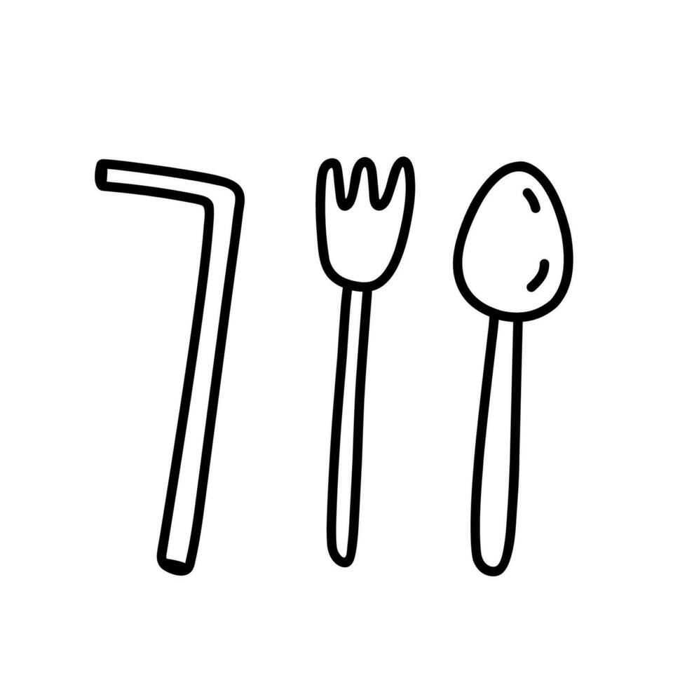 Steel cutlery - fork, spoon and straw for drinks isolated on white background. Vector hand-drawn illustration in doodle style. Perfect for decorations, logo.