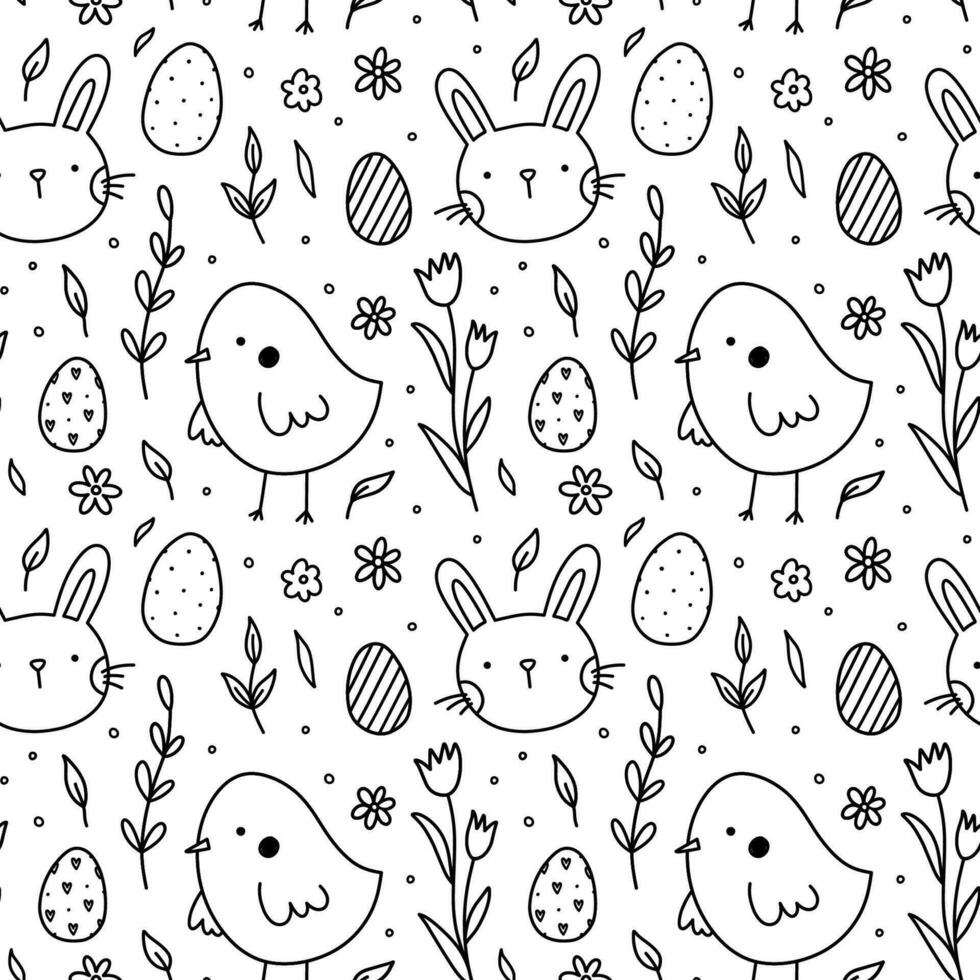 Cute seamless pattern with Easter eggs, bunnies, chicks and flowers. Vector hand-drawn doodle illustration. Perfect for holiday designs, print, decorations, wrapping paper, wallpaper.