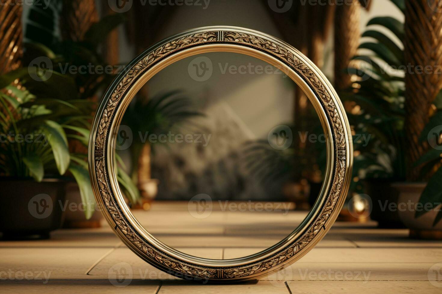 Pygmy palm branches form oval frame on sandy background AI Generated photo