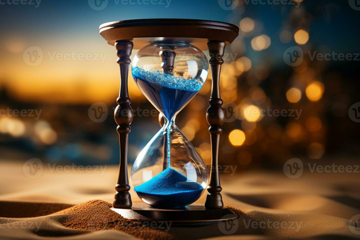 azul fondo, reloj de arena torrencial arena, con espacio para tu mensaje ai generado foto