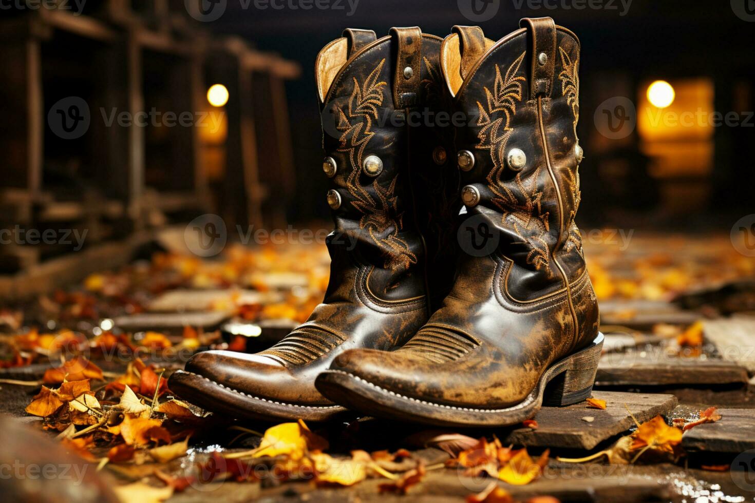 Cowboy boots, spurs, lasso on weathered barn floor AI Generated photo