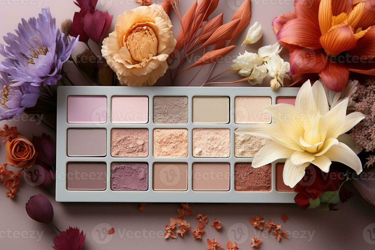 Floral elegance meets beauty Eyeshadow palette and flowers on white, text friendly space AI Generated photo