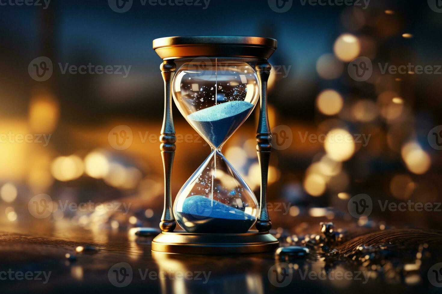 Closeup Hourglass with flowing sand on blue, offering space for accompanying text AI Generated photo