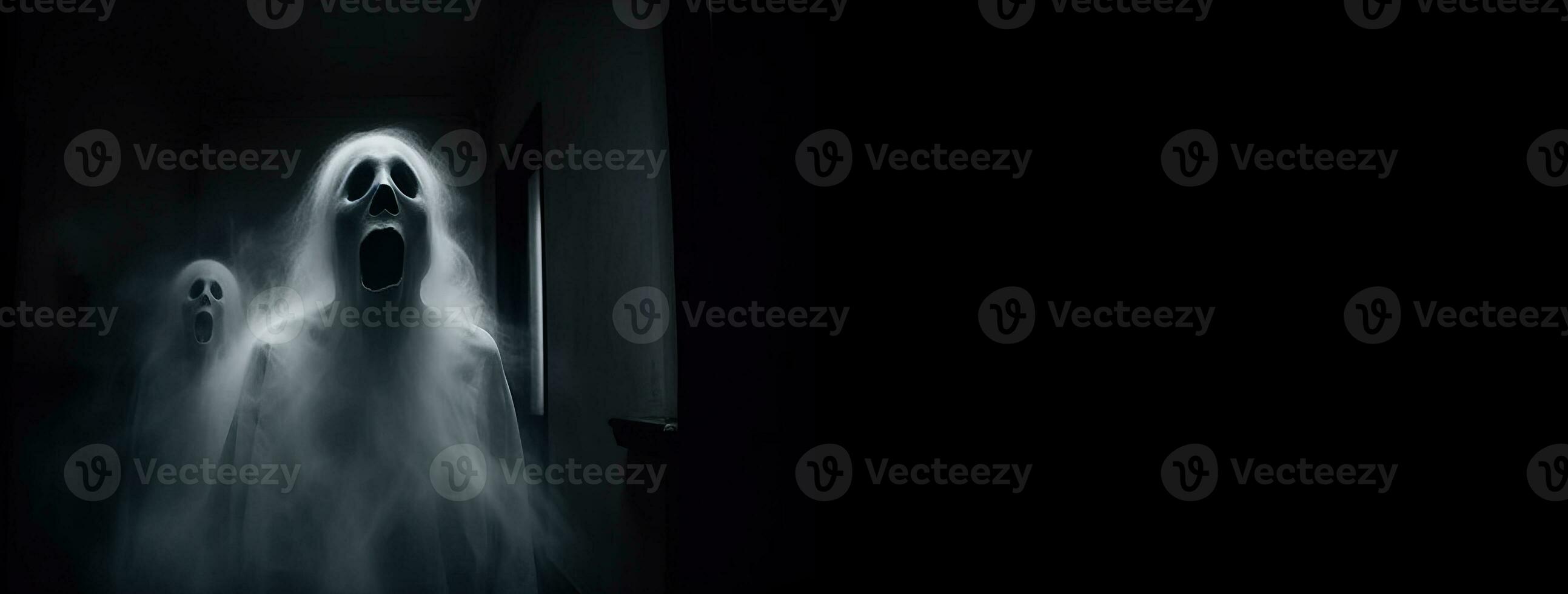 Halloween ghost in spooky empty house, dark mysterious background. AI generated. photo