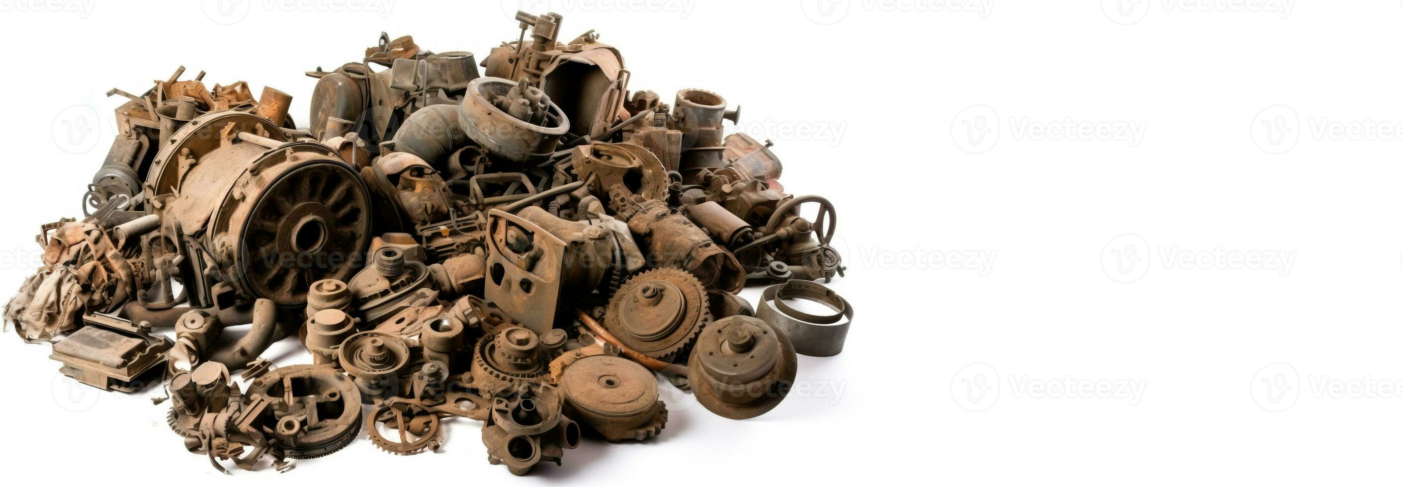 The concept of a world without war. Old rusty scrap metal military equipment in a pile, white isolate background. photo