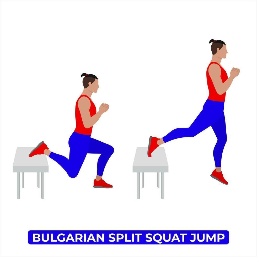 Vector Man Doing Bulgarian Split Squat Jump. Bodyweight Fitness Legs Workout Exercise. An Educational Illustration On A White Background.