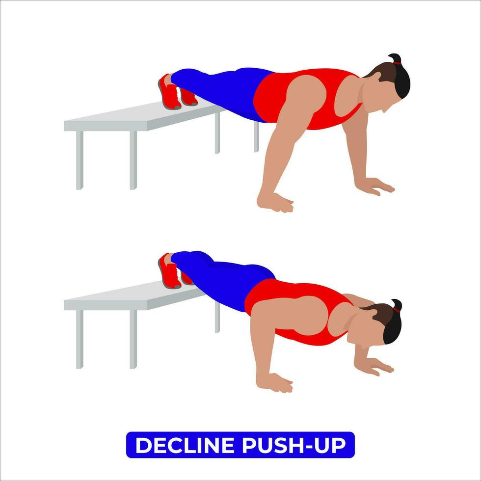 Vector Man Doing Decline Push Up. Bodyweight Fitness Chest Workout Exercise. An Educational Illustration On A White Background.