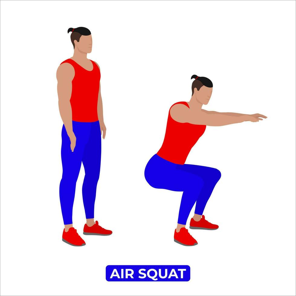 Vector Man Doing Air Squat. Bodyweight Fitness Legs Workout Exercise. An Educational Illustration On A White Background.