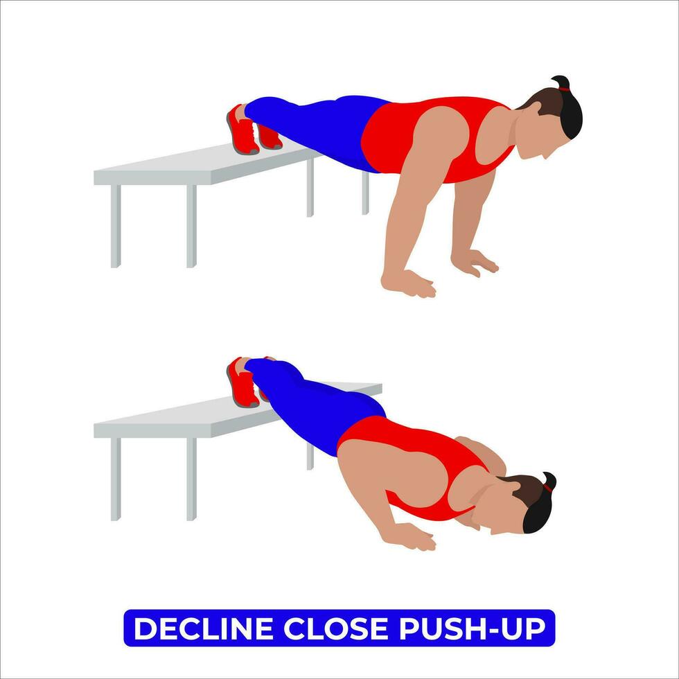 Vector Man Doing Decline Close Push Up. Bodyweight Fitness Chest Workout Exercise. An Educational Illustration On A White Background.