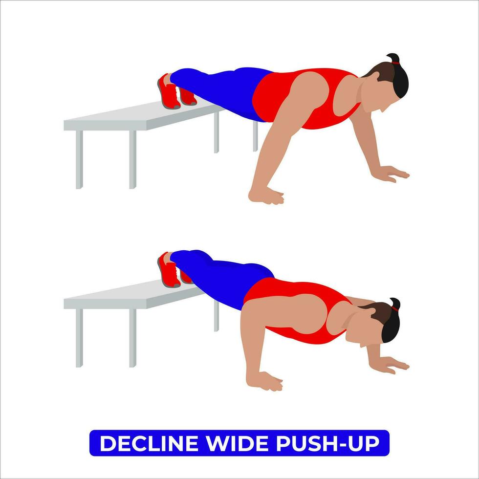 Vector Man Doing Decline Wide Push Up. Bodyweight Fitness Chest Workout Exercise. An Educational Illustration On A White Background.