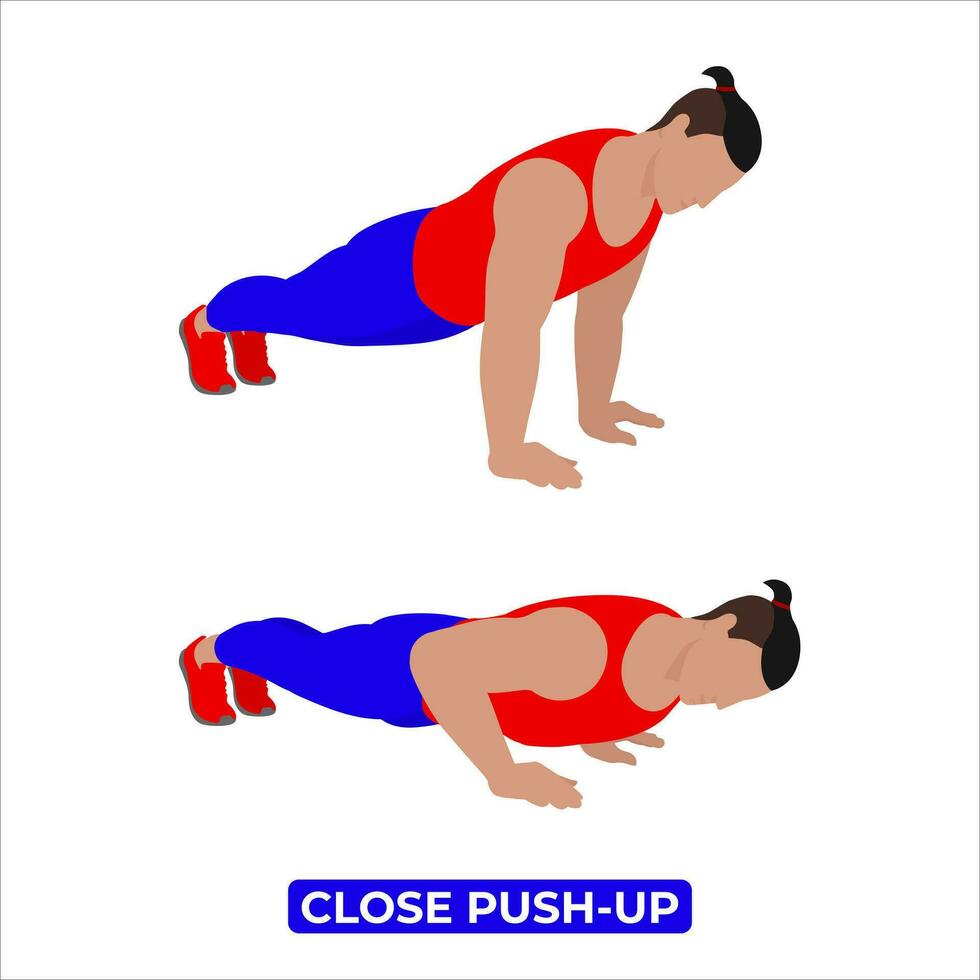Vector Man Doing Close Push Up. Bodyweight Fitness Chest Workout Exercise. An Educational Illustration On A White Background.