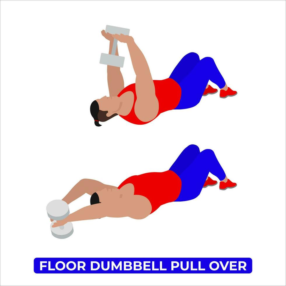 Vector Man Doing Floor Dumbbell Pull Over. Bodyweight Fitness Chest Workout Exercise. An Educational Illustration On A White Background.