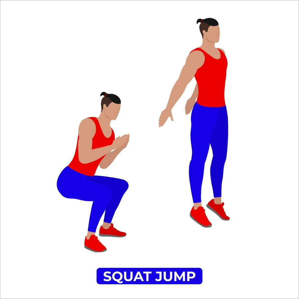 Vector Man Doing Squat Jump. Bodyweight Fitness Legs Workout Exercise. An Educational Illustration On A White Background.