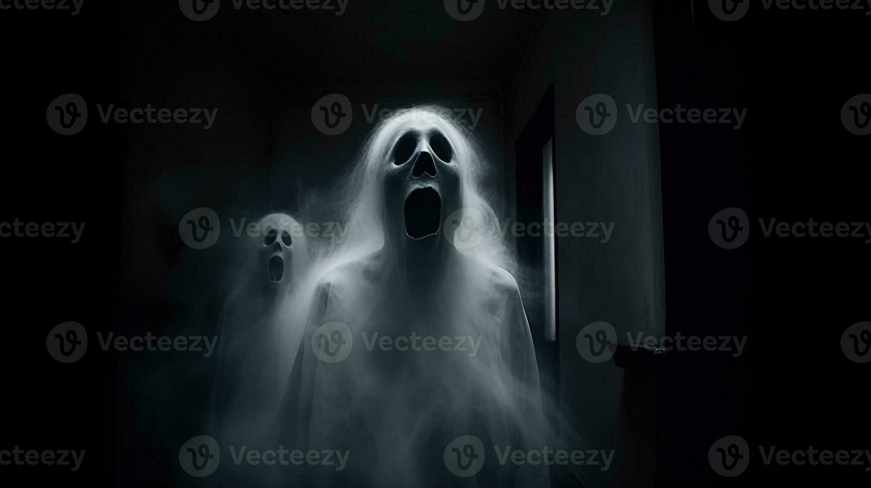 Halloween ghost in spooky empty house, dark mysterious background. AI generated. photo
