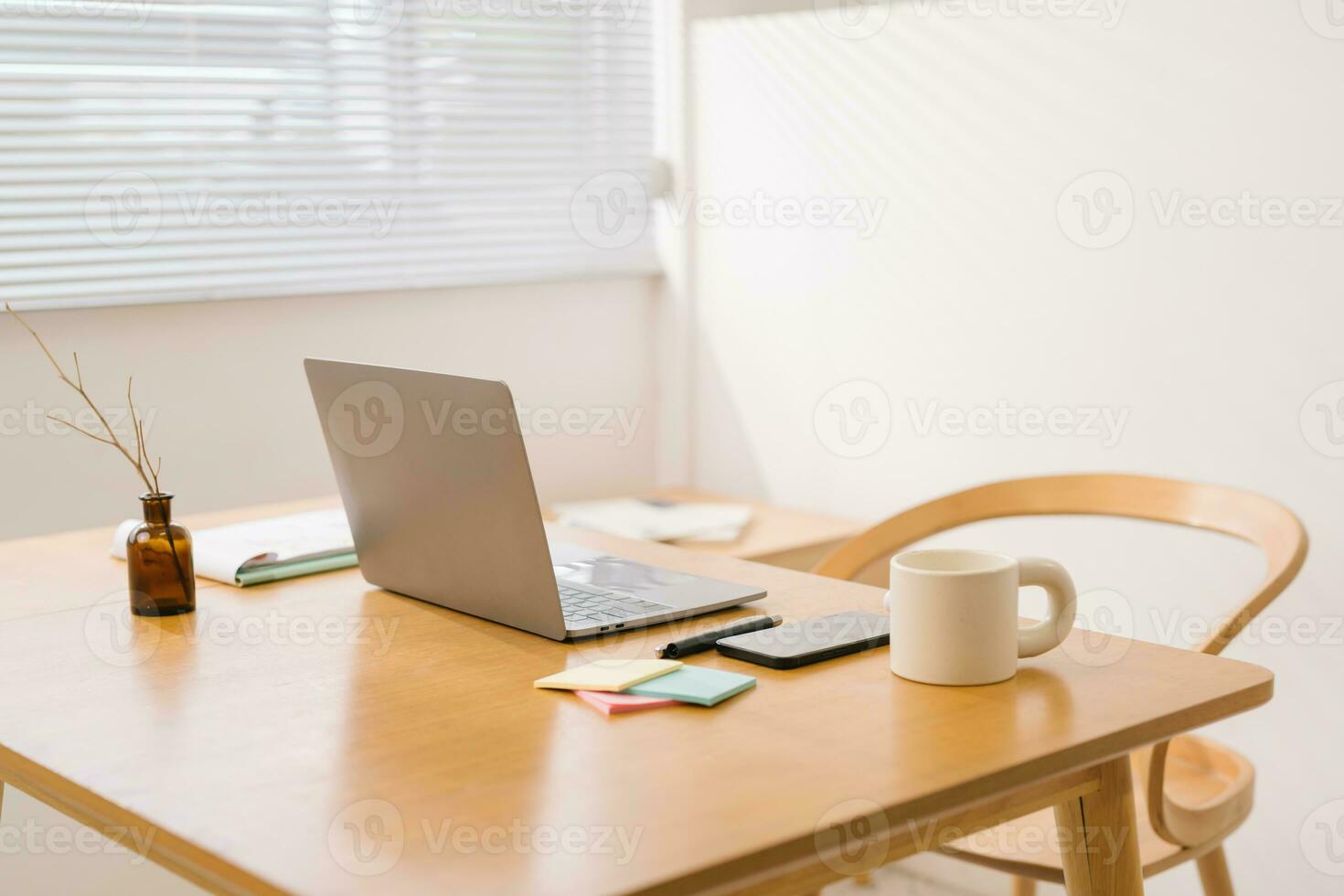 Laptop placed on desk at home, minimalist style. work at home concept. photo