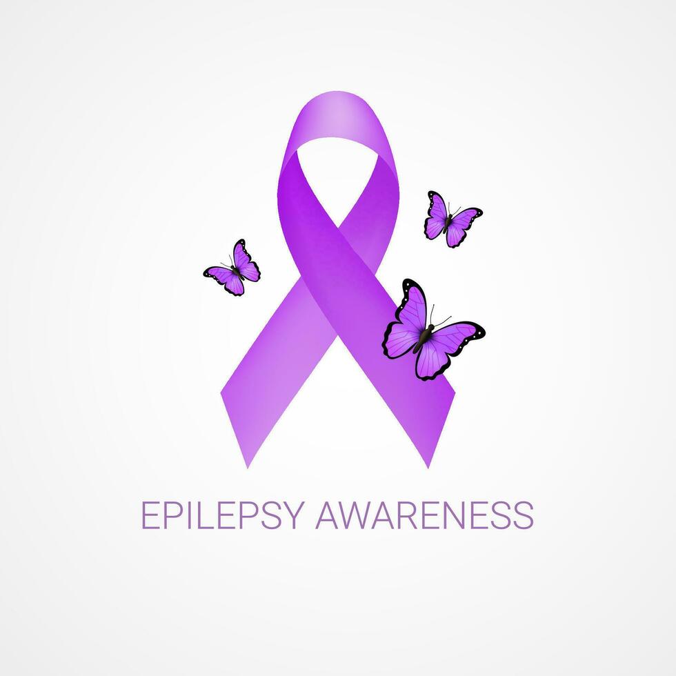 Epilepsy awareness. Purple ribbon and butterflies. Vector