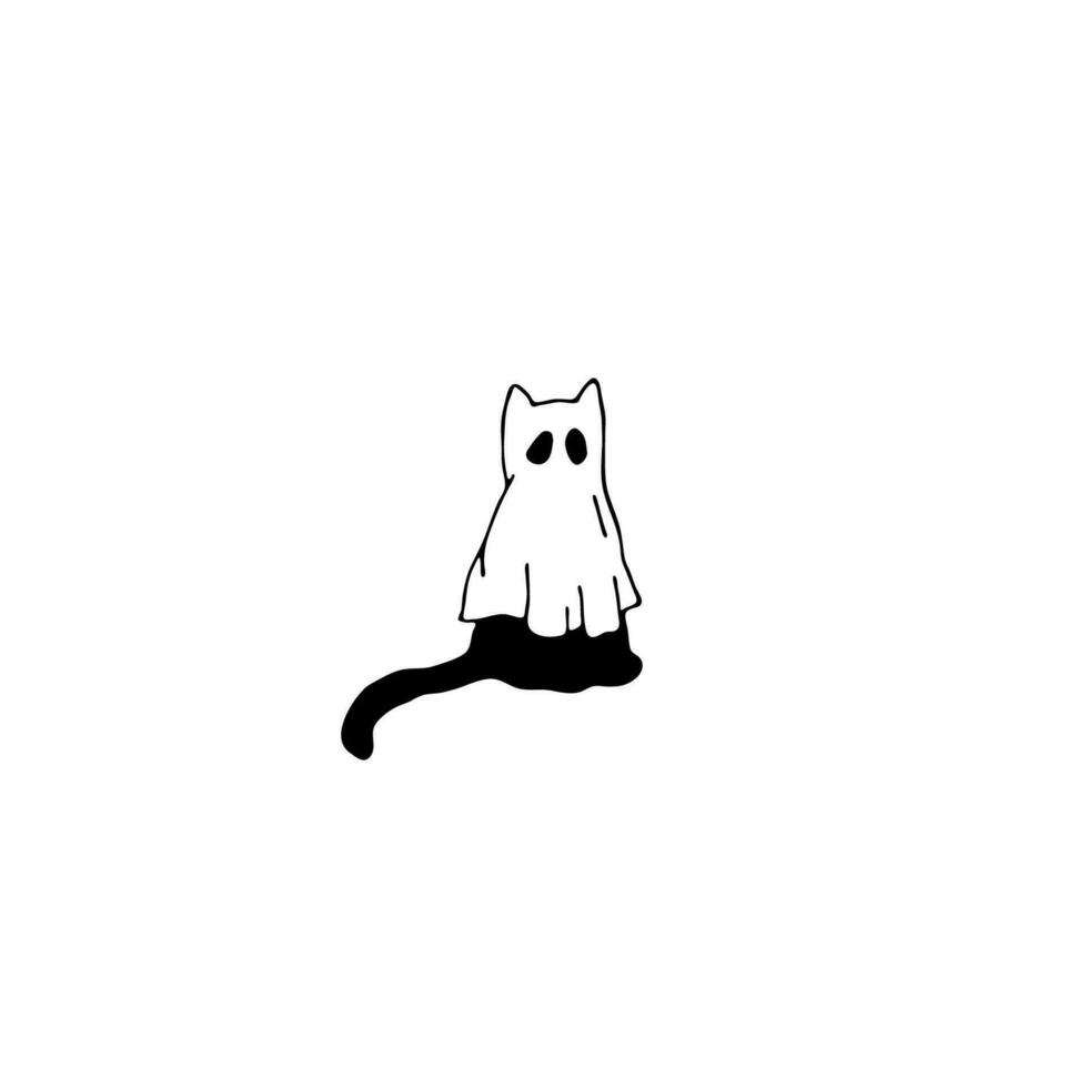 Cute cat wearing Halloween costume. Ghost cat. Hand drawn sketch. Like art doodle. Vector