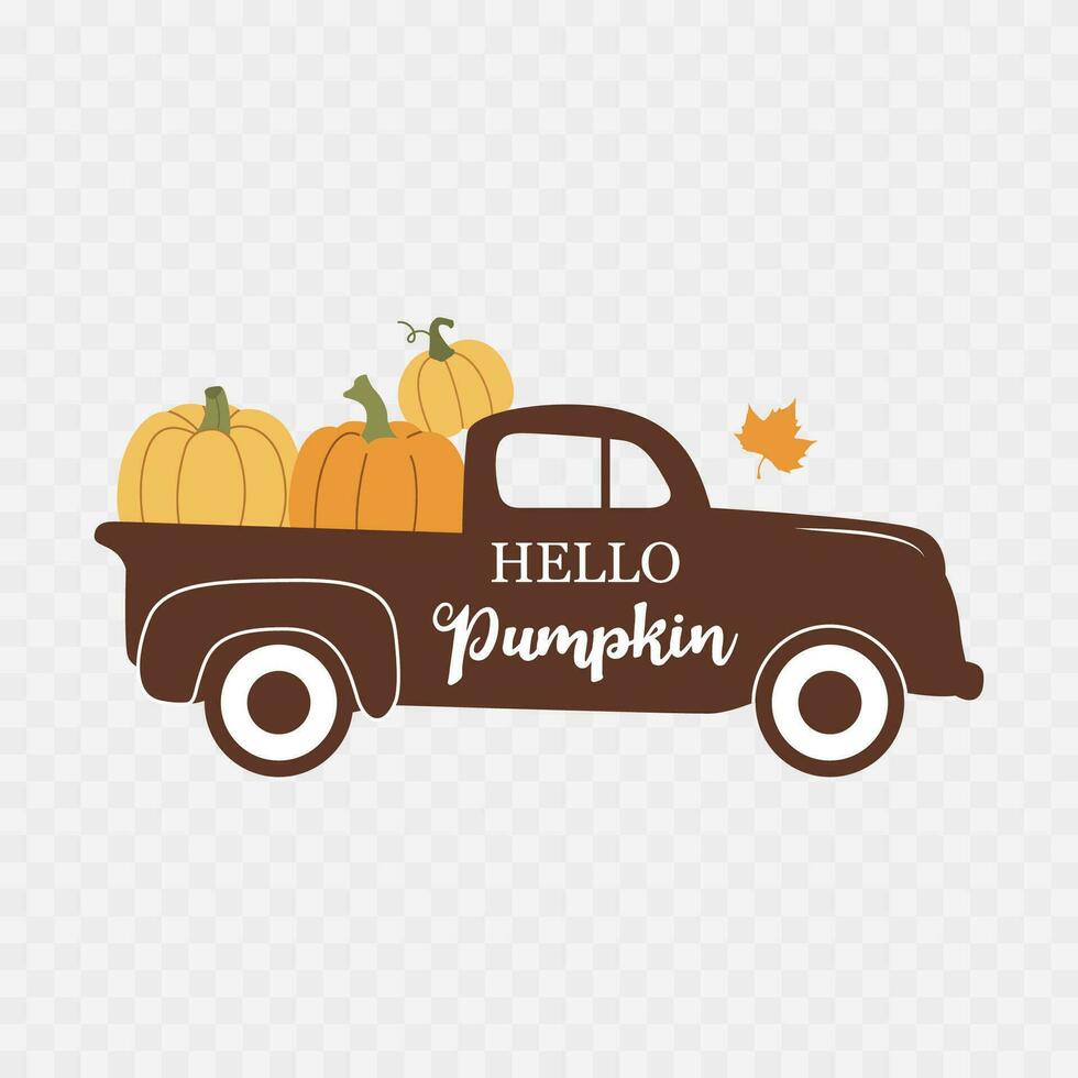 Hello Pumpkin. Vintage car truck silhouette. Fall autumn harvest. Vector