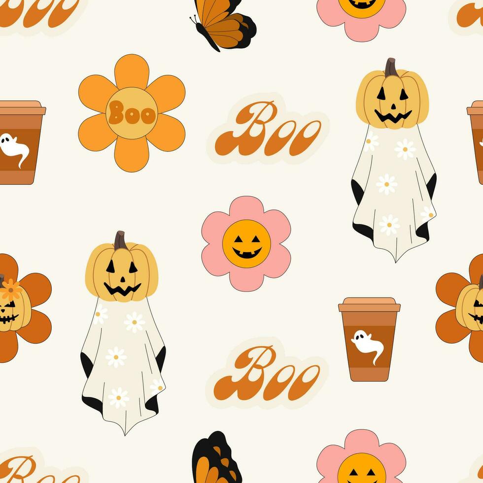 Halloween. Boo. Seamless pattern. Groovy retro flowers, pumpkin, ghost. Vector