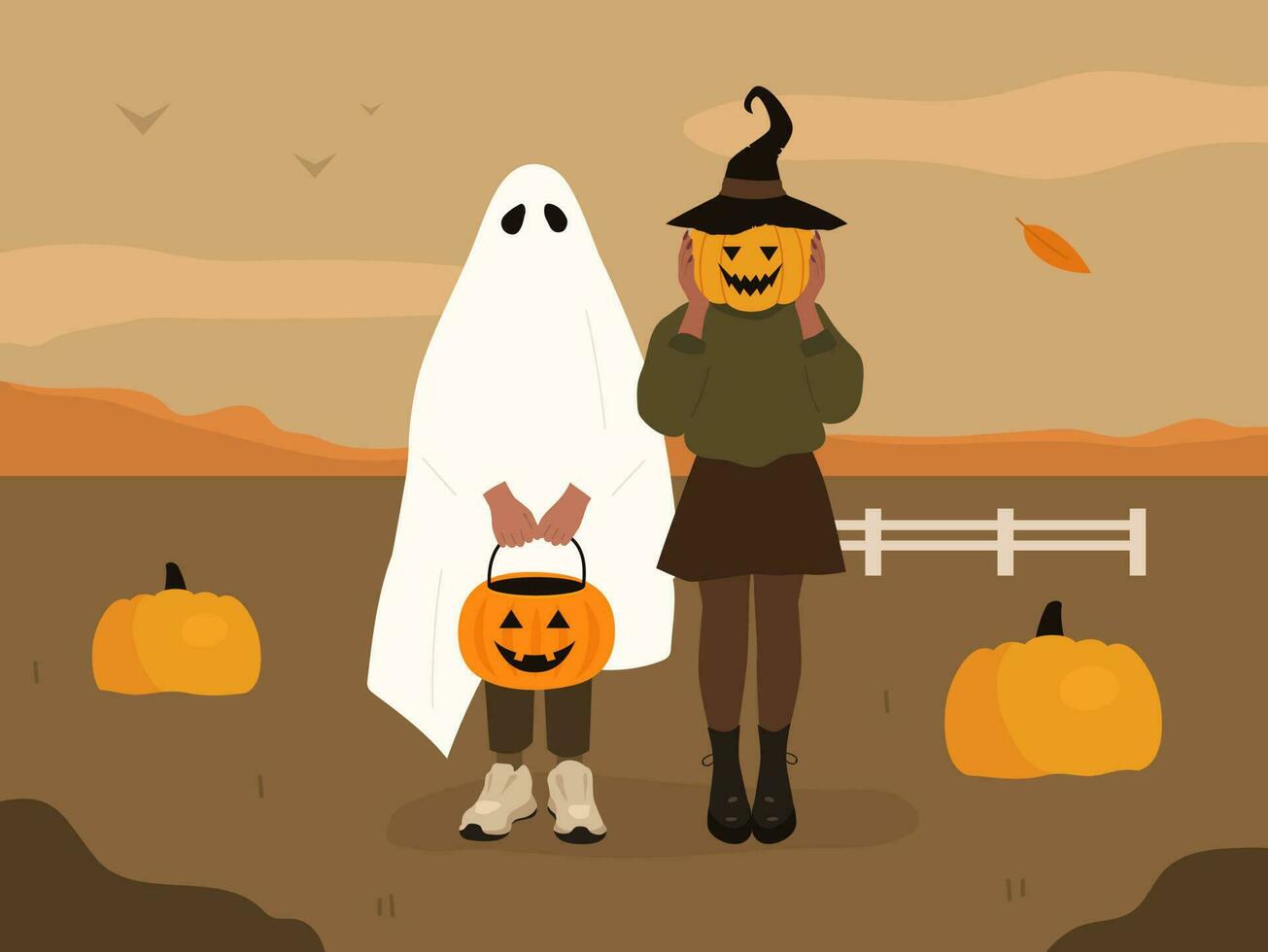 Halloween costumes. Pumpkin head and Ghost. Fall autumn nature background. Vector