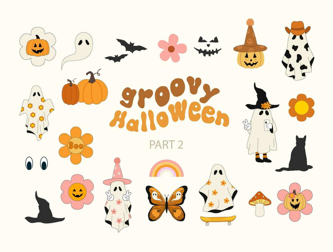 Halloween quotes. Retro groovy design. Stay Groovy, Boo, Spooky Season. Vector