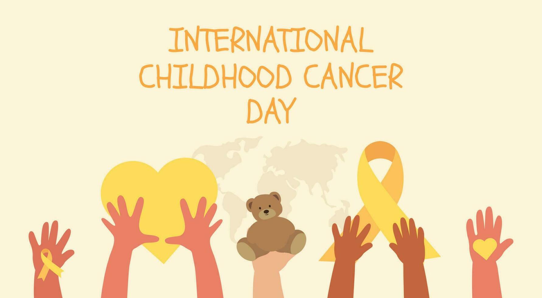 International Childhood Cancer Day. Kids hands raised up. Yellow ribbon. Vector