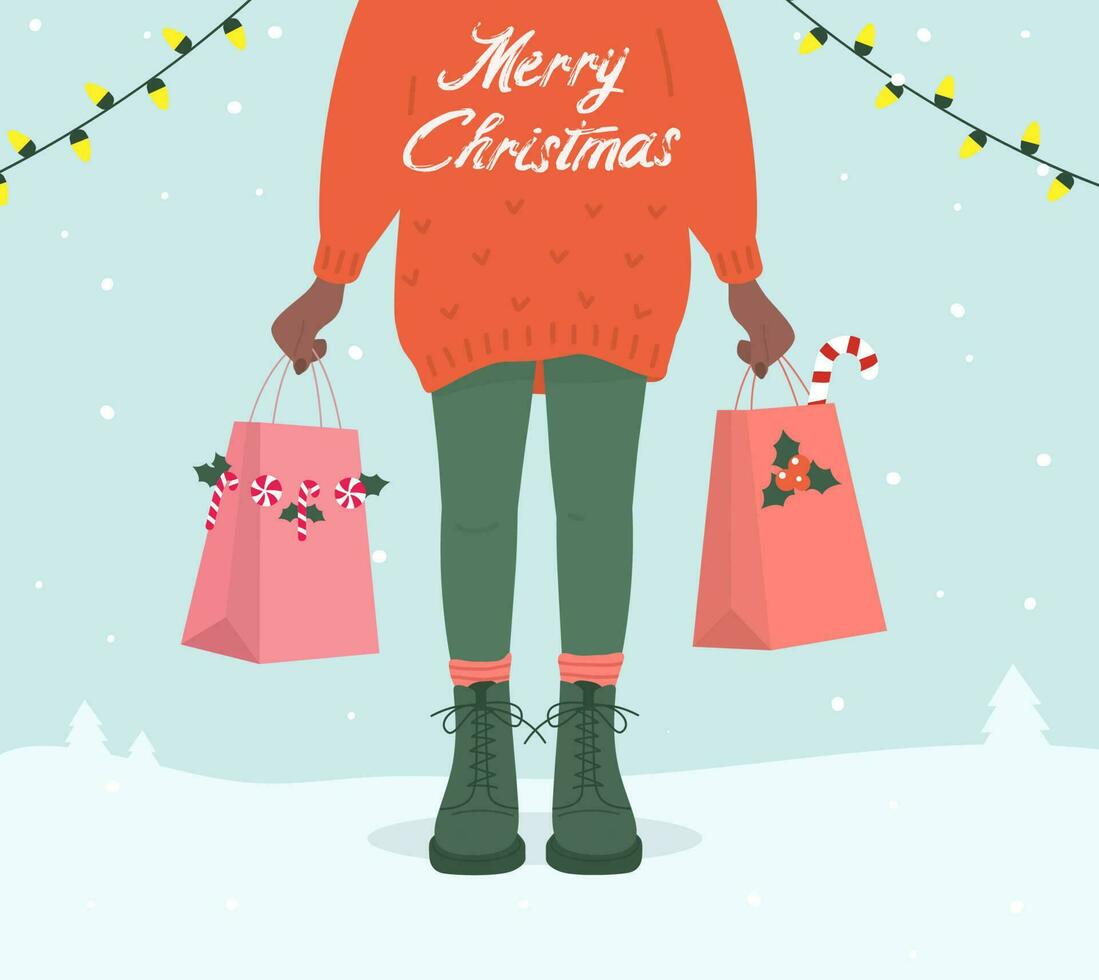 Christmas shopping. Woman holding shopping bags.Winter background. Vector