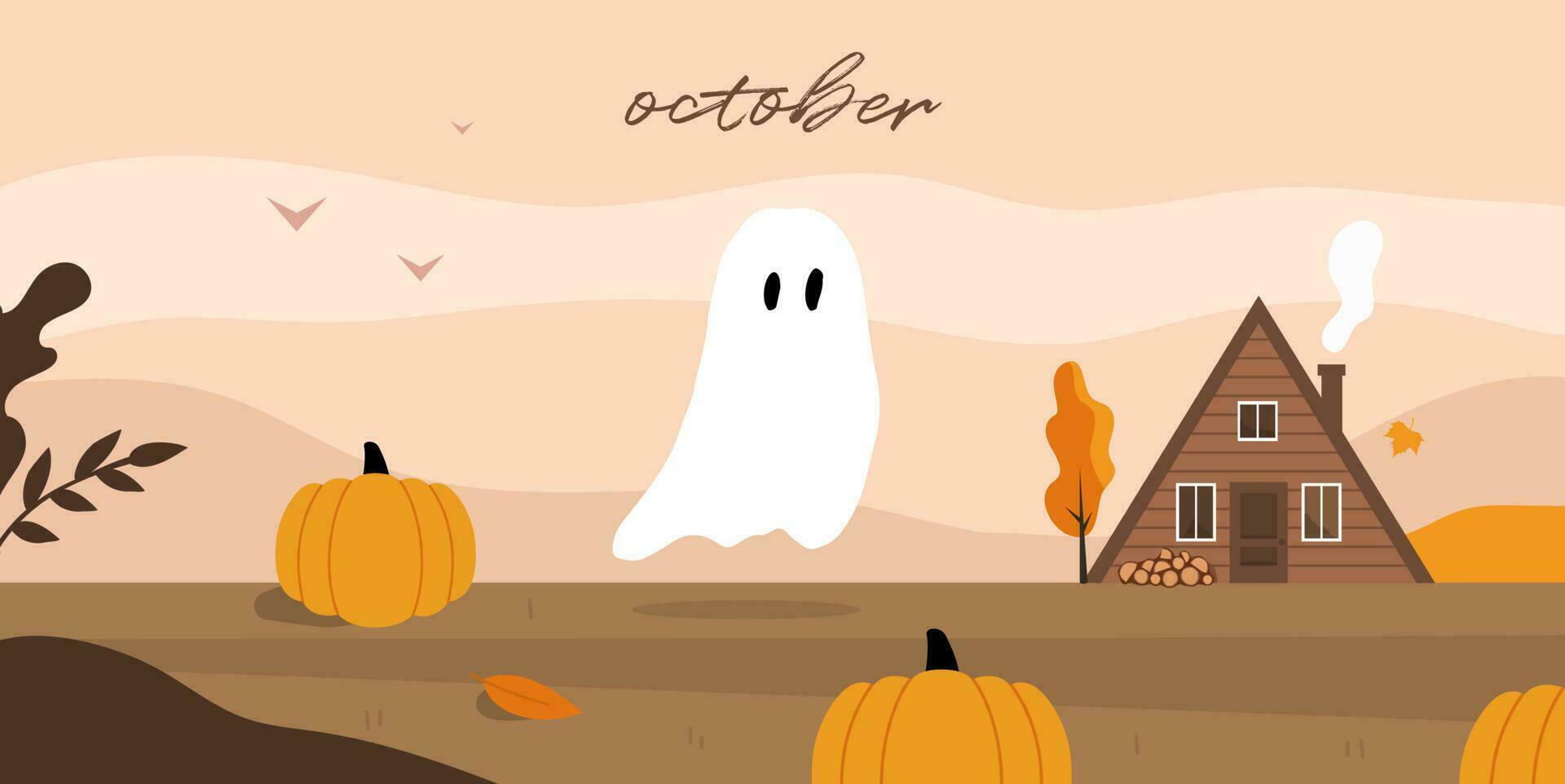 Flying Ghost. October. Autumn Fall landscape. Cute house. Vector