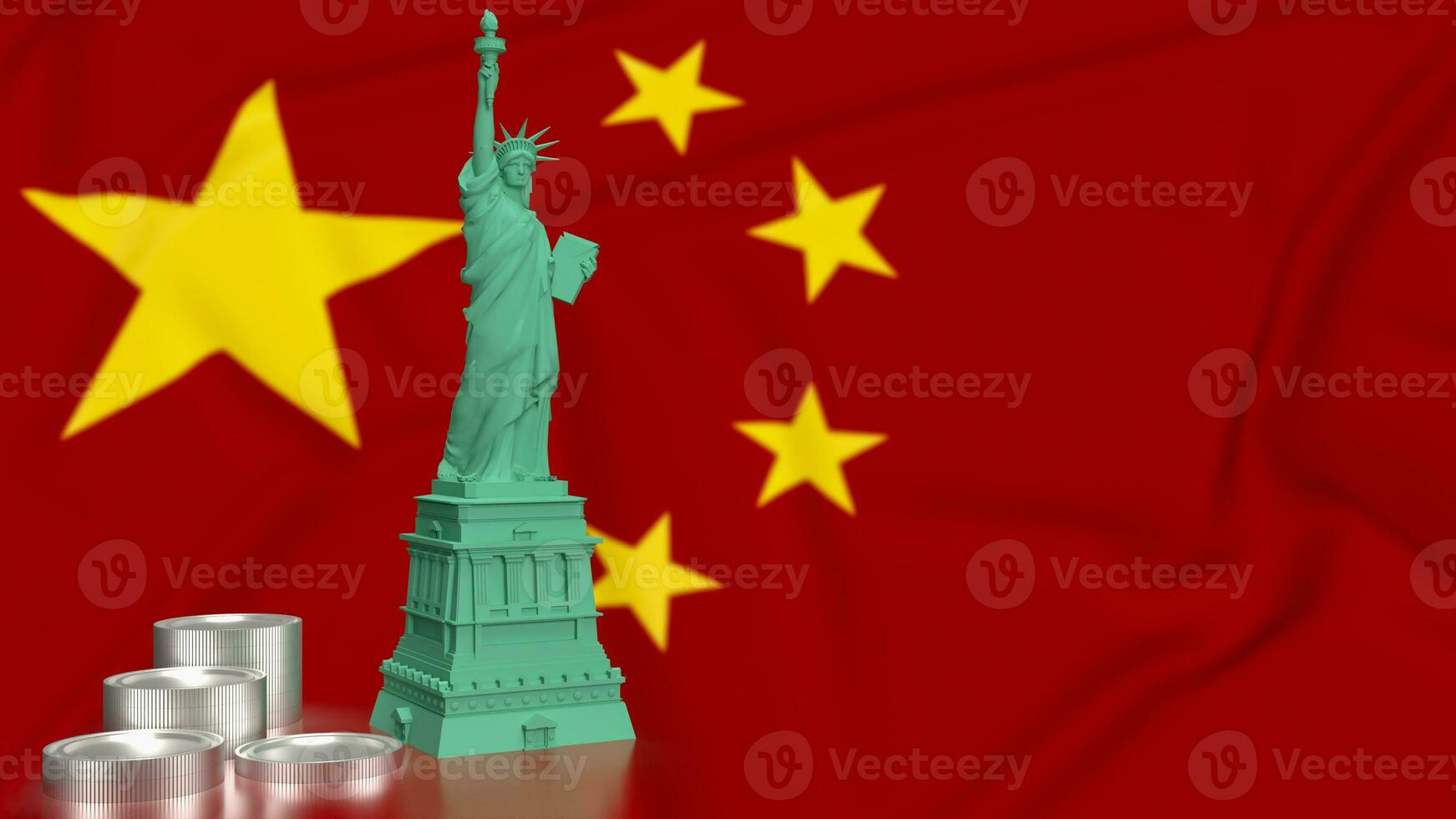 The  statue of liberty and coins on China flag 3d rendering photo