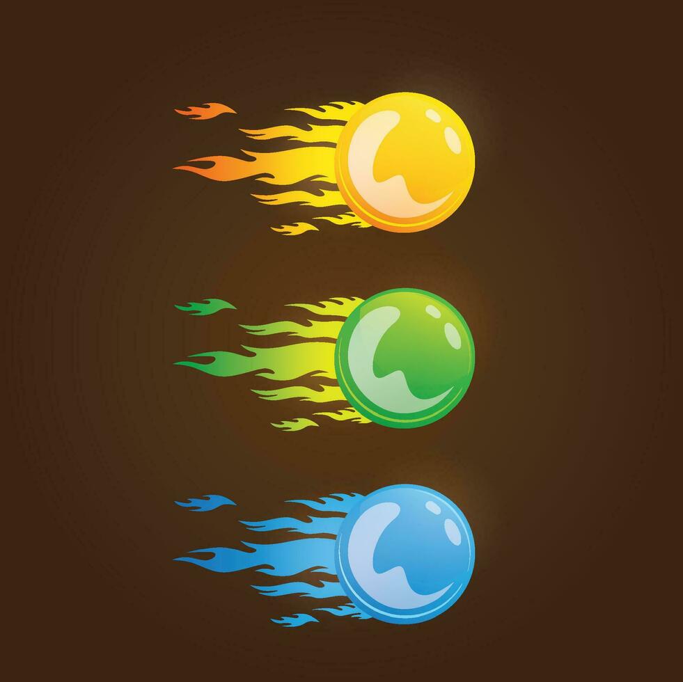 Magic fireballs flames set. Realistic blue, green, orange fire isolated on brown background for design and decoration. Vector Illustration