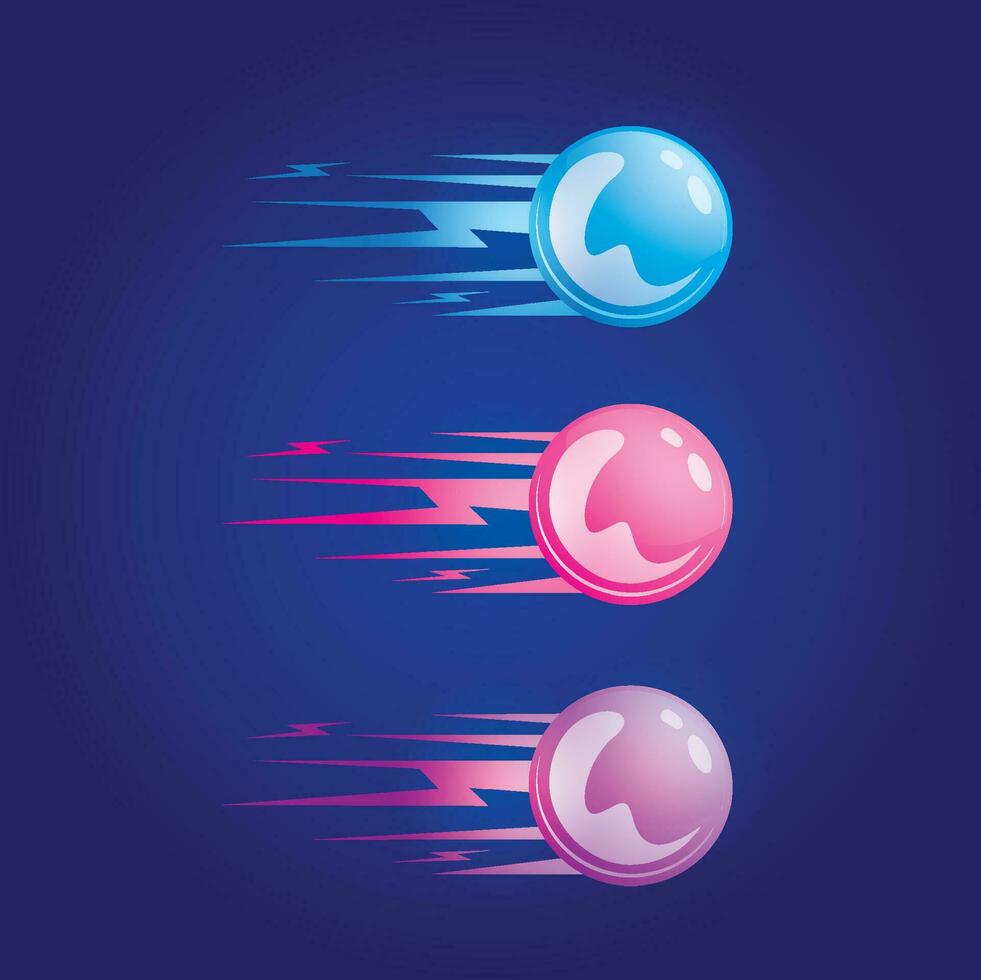 Magic lightning balls flames set. Realistic blue, pink, purple lightning isolated on dark blue background for design and decoration. Vector Illustration