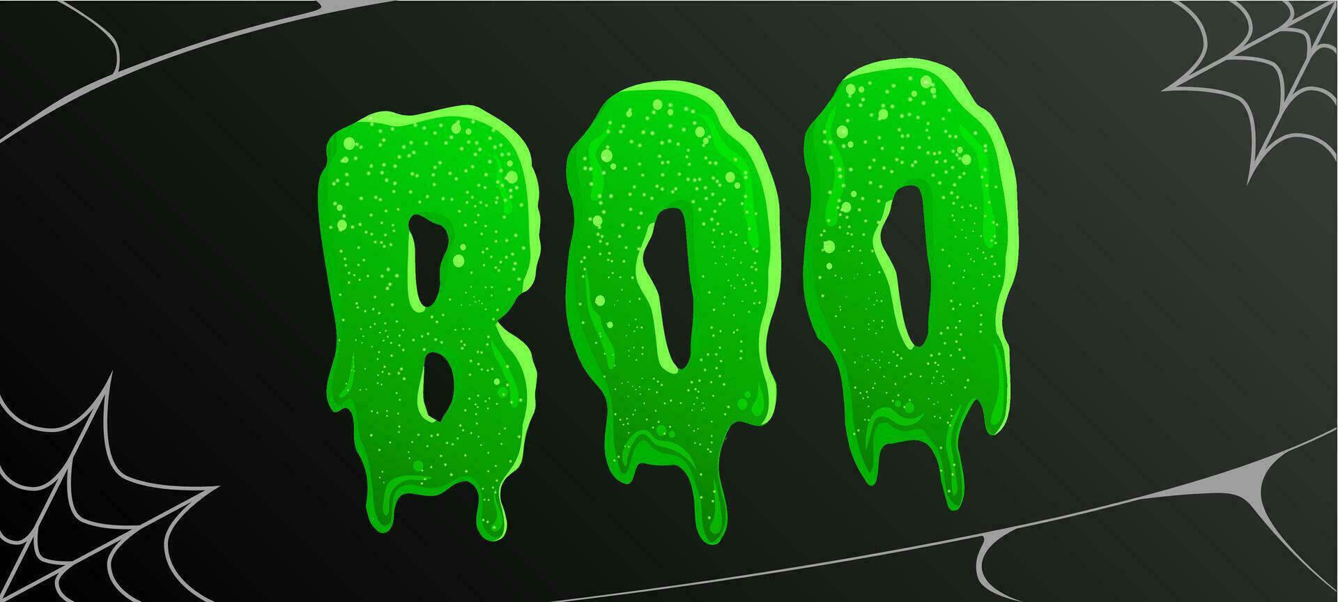 Víspera de Todos los Santos Siniestro oscuro bandera con abucheo palabra, verde líquido letras, zombi moco chapoteo, vector Arte.