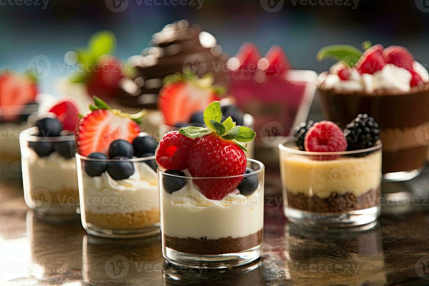 Desserts including chocolate, raspberries, Generative AI photo