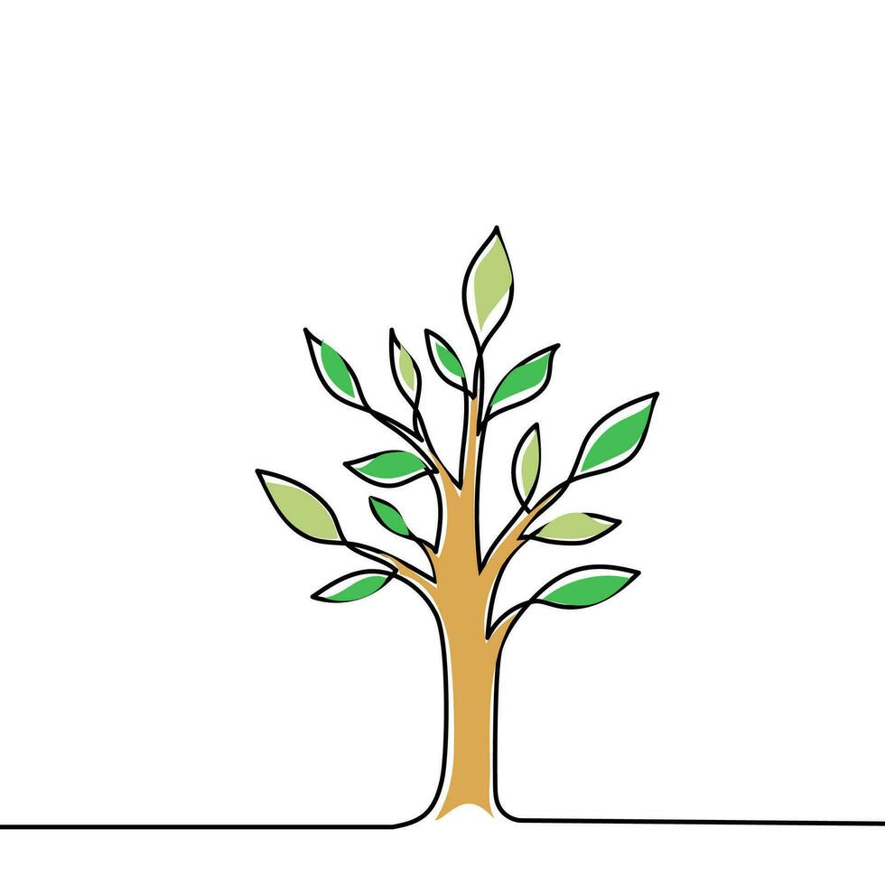 Tree plant doodle outline vector forest environment. Continuous one line tree plant for eco, nature, garden logo design. Ecology green concept, background. Vector illustration
