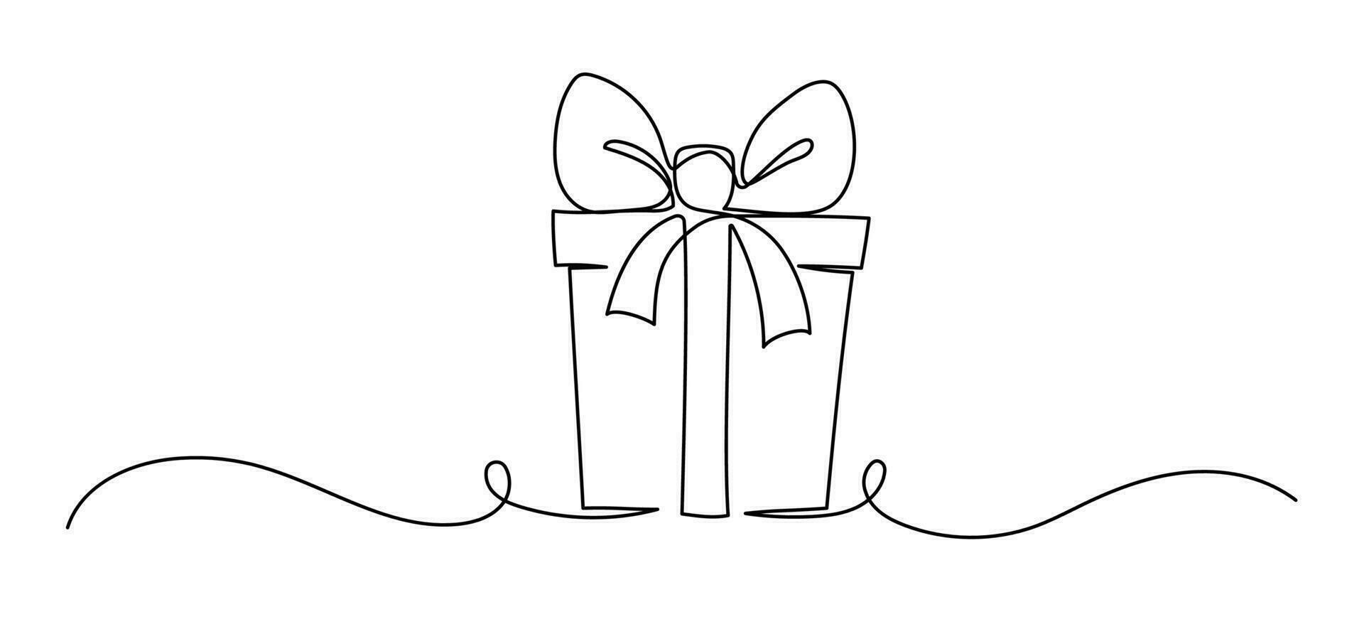 Gift Box Birthday or Christmas Continuous One Line Vector Outline Art Sketch. Celebration Events Present Bow Ribbon Box Minimal Doodle Abstract Simple Illustration. Holiday Package Simple and Elegant