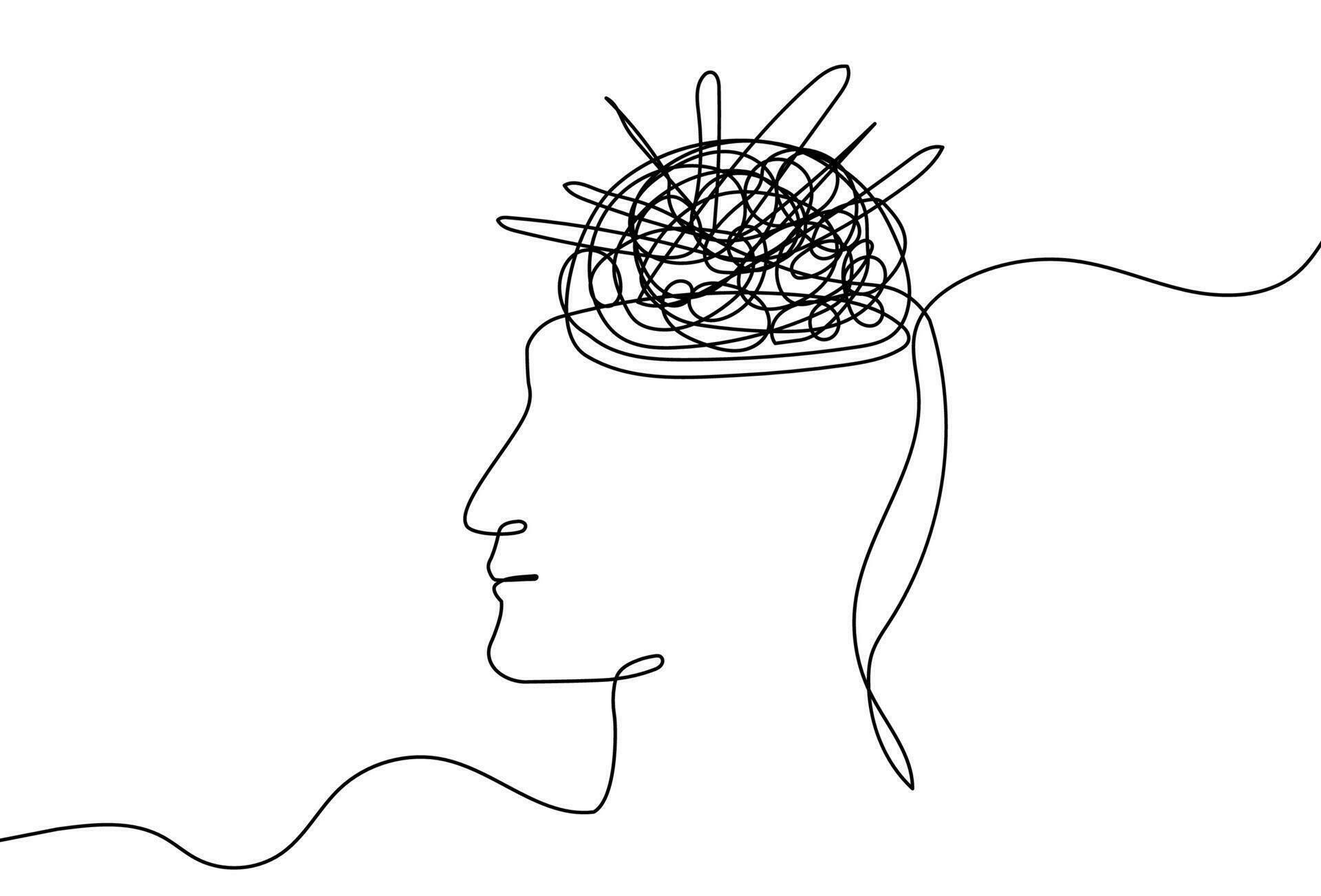 Continuous One Line Mental Chaos Brain Head Health Mind Art Sketch Continuous One Line Mental Chaos Brain Head Health Mind Art Sketch Doodle Concept Stress Therapy Problem Continuous One Line Drawing A Single Stroke Of Healing Drawing For Mental Well Being Vector