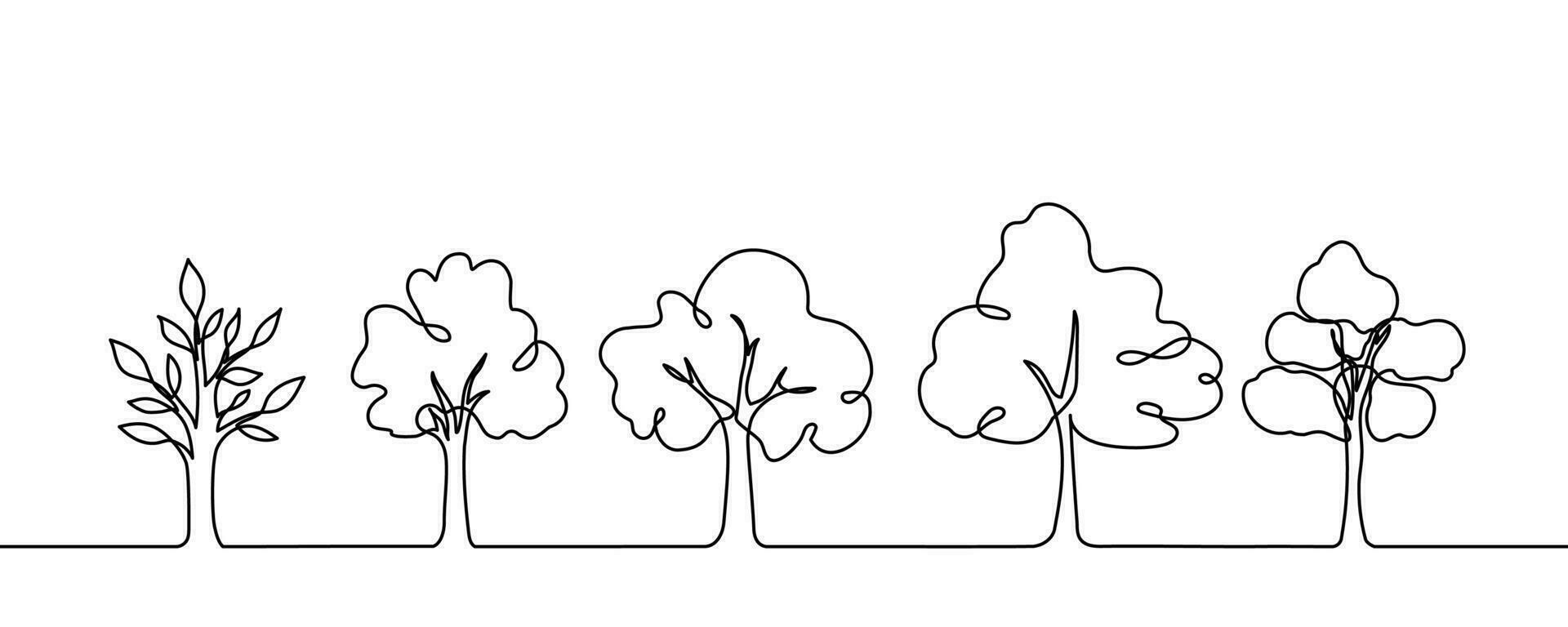 Tree plant doodle outline vector forest environment. Continuous one line tree plant for eco, nature, garden logo design. Ecology green concept, background. Vector illustration