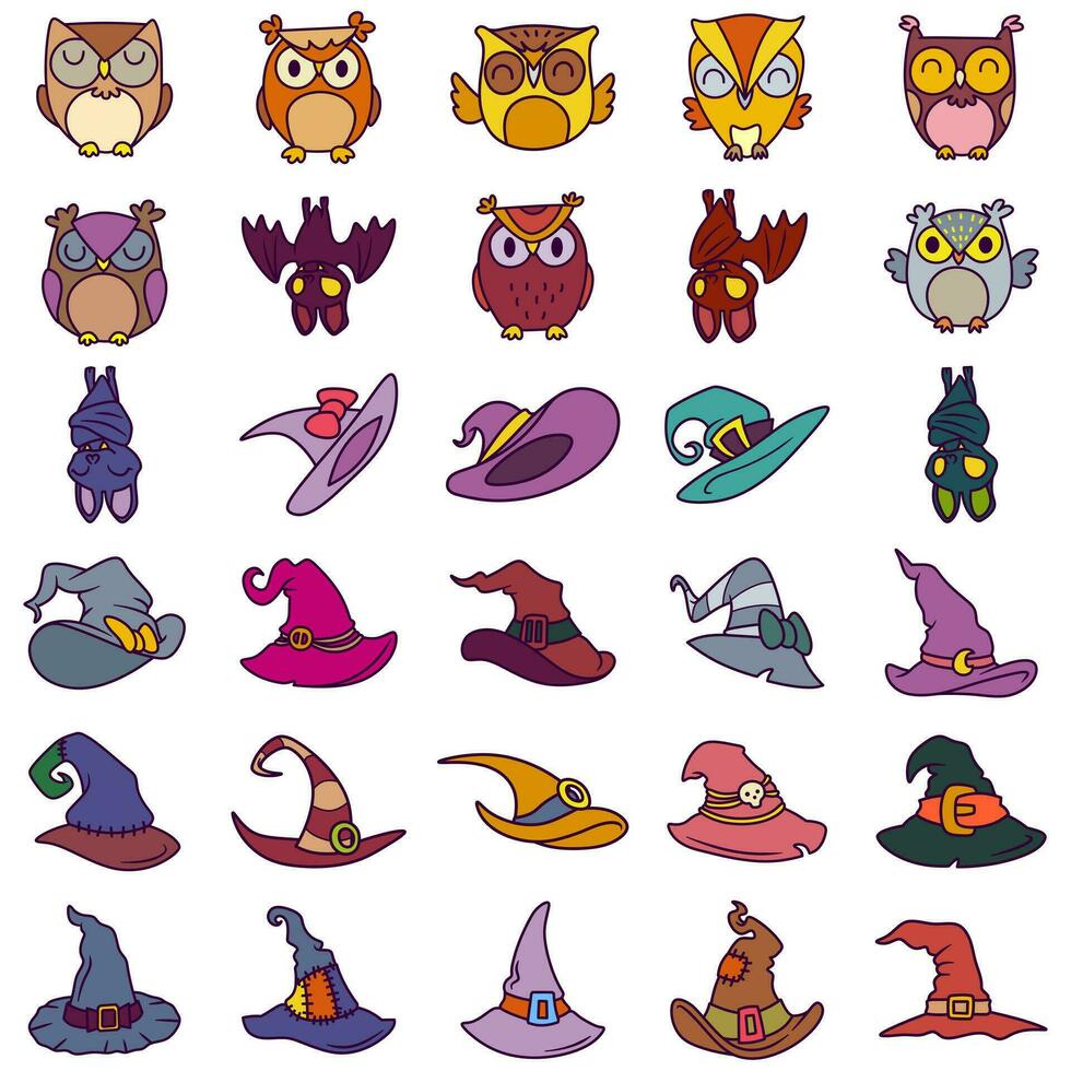 Free vector illustration collection of Halloween theme stickers, owls, witch hats and bats